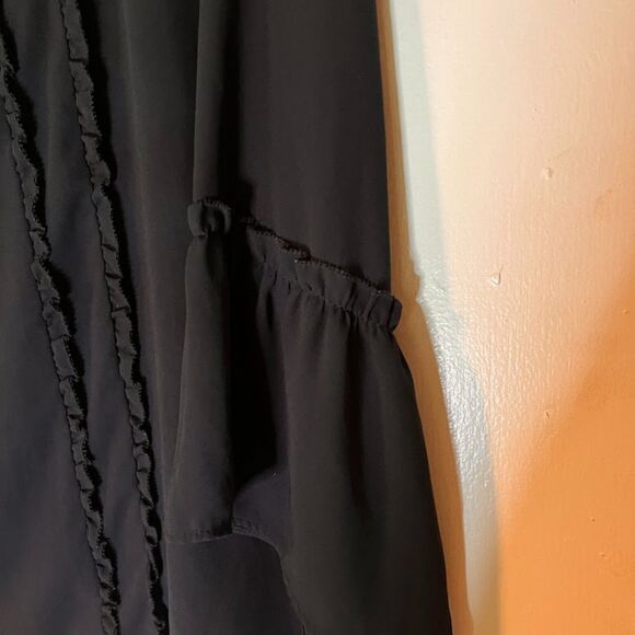 Loft Corpcore Dressy Navy Blue Sheer Long Bell Sleeves Ruffle Front Blouse SZ S - Picture 6 of 7